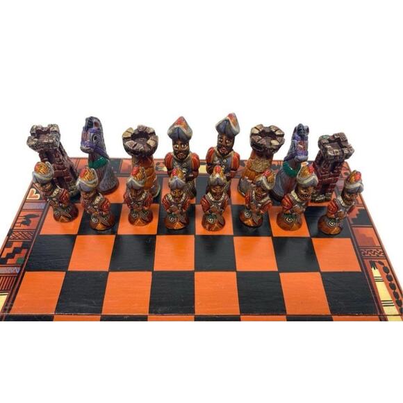 CONQUISTADORS VS AZTECS EUC WOOD ,& PORCELAIN CHESS BOARD - Picture 3 of 9